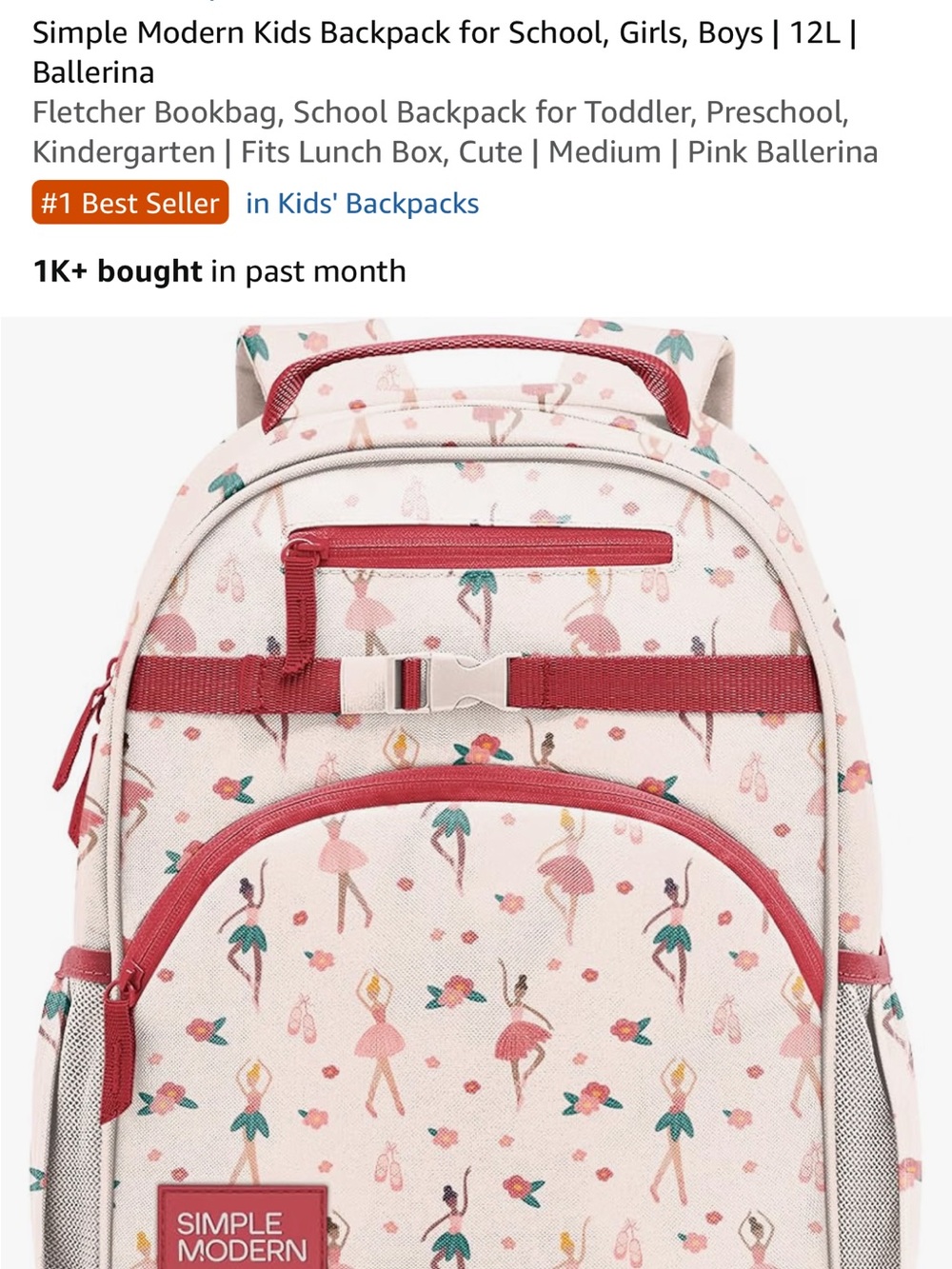 Simple Modern Kids Backpack for School, Girls, Boys | 12L | Ballerina
